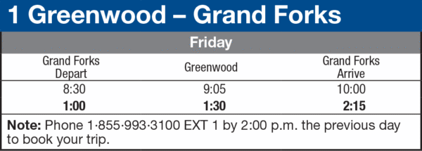 1 Greenwood - Grand Forks timetable