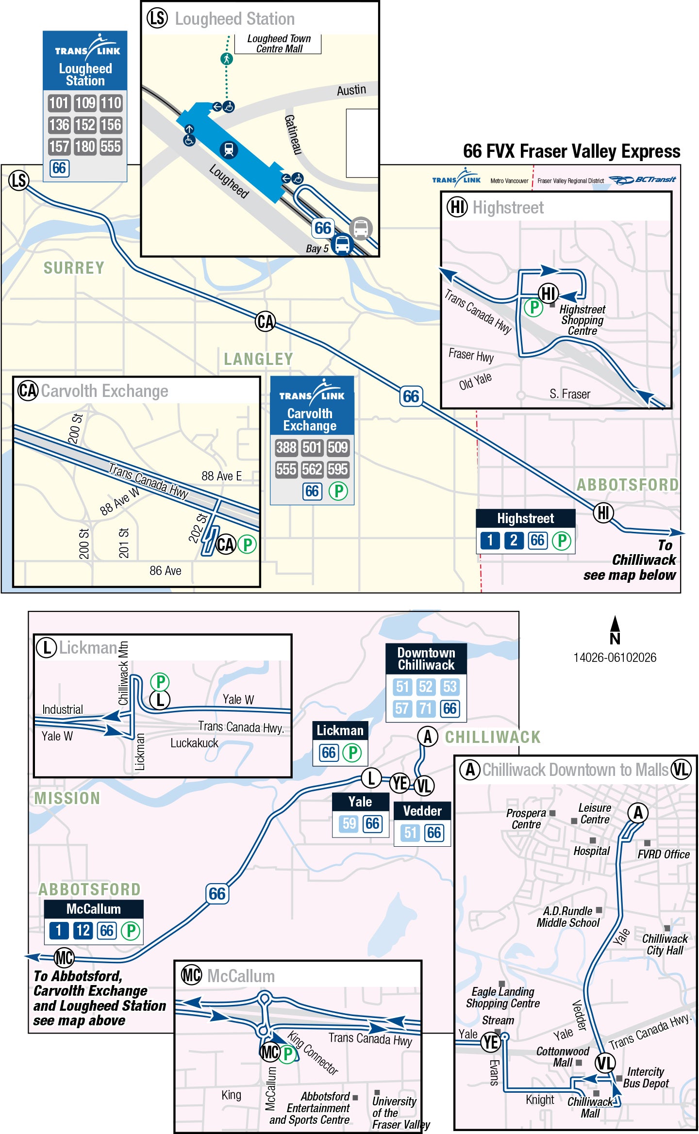 Fraser Valley Express (route 66) between Chilliwack and Lougheed Station, with service to Abbotsford and the Carvolth Exchange. Stops and schedules below.