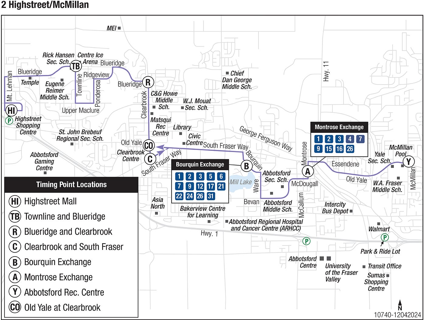 Central Fraser Valley Regional Transit route 2 between Highstreet Shopping Centre and McMillan Pool, with service to Montrose and Bourquin Exchanges. Stops and schedules below.