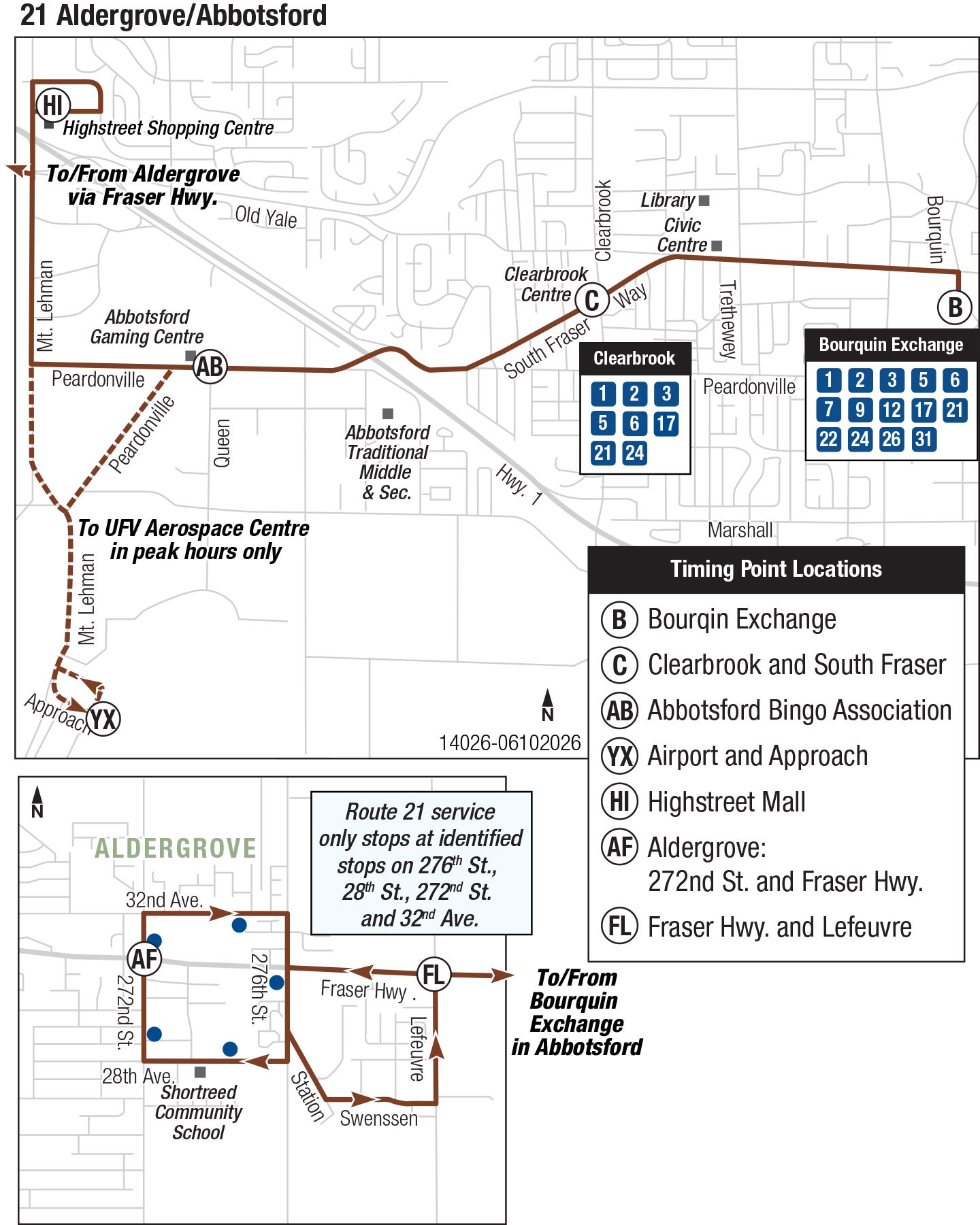 Central Fraser Valley Regional Transit route 21 between Aldergrove and Bourquin Exchange, with service to Clearbrook and Highstreet Shopping Centre. Stops and schedules below.