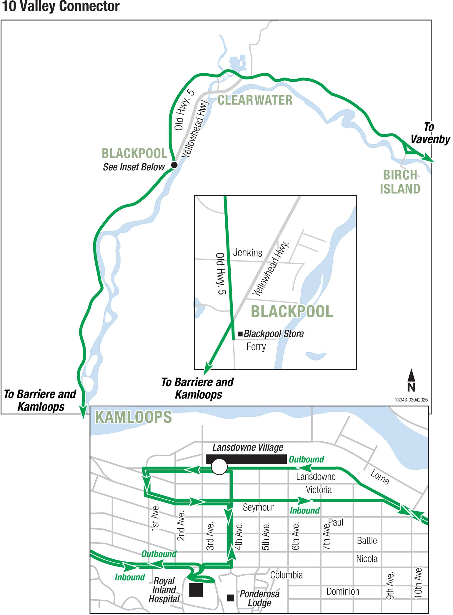 Clearwater Transit route 10 Valley Connector between Vavenby and Kamloops, serving Birch Island, Clearwater, Blackpool, and Barriere. Stops and schedules below.