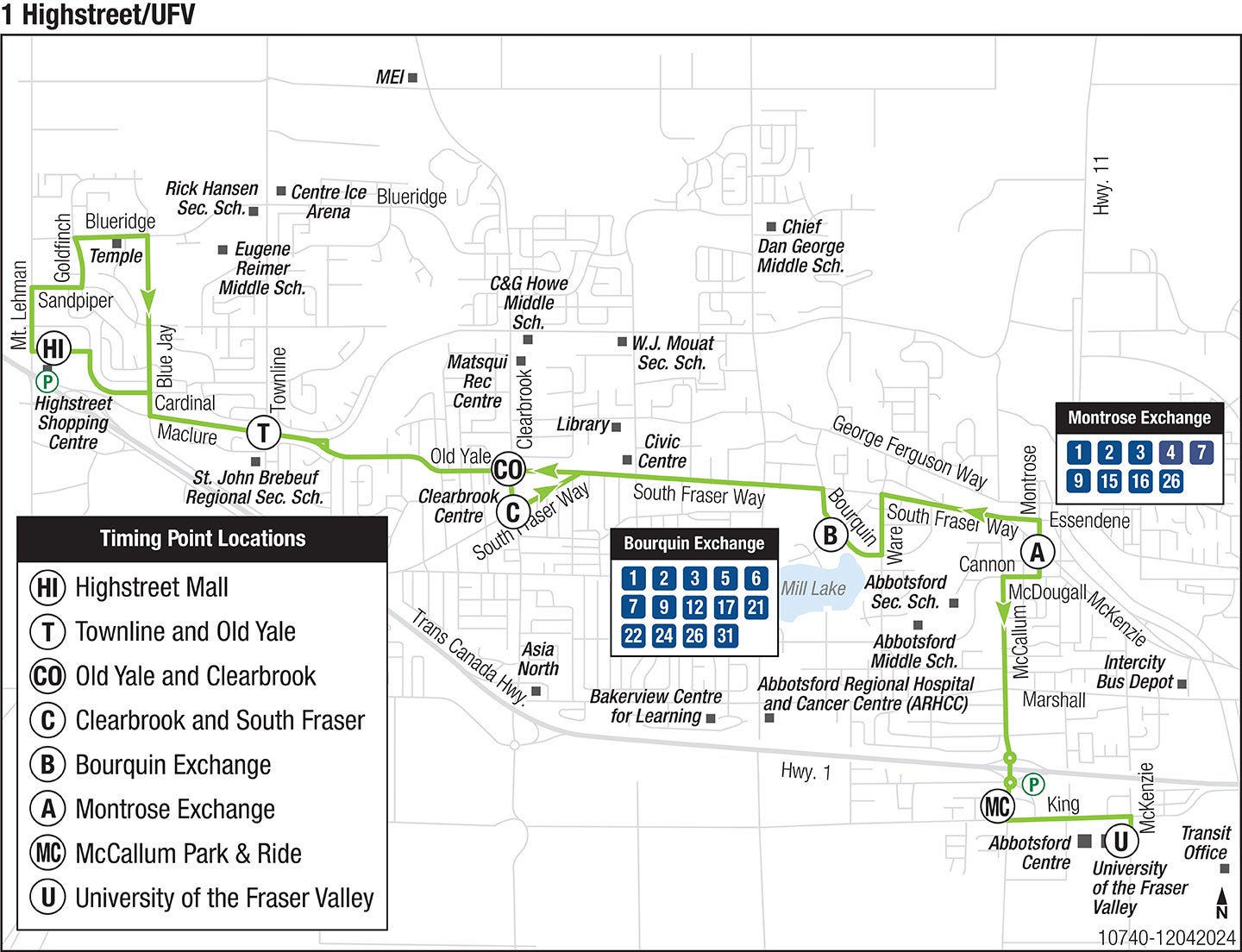 Central Fraser Valley Regional Transit route 1 between Highstreet Shopping Centre and UFV, with service to Montrose and Bourquin Exchanges. Stops and schedules below.