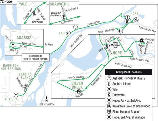 Hope Transit route 72 between Agassiz and Hope, serving Seabird Island, Yale, Chawathil, and Silver Creek. Stops and schedules below.