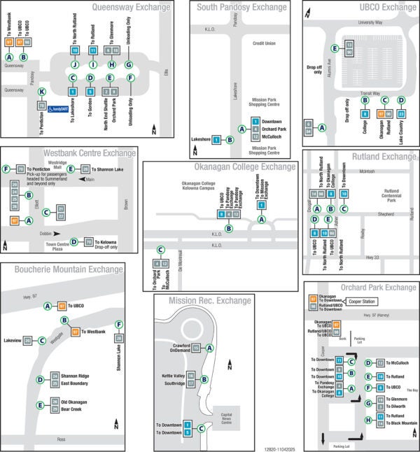 Diagrams of Kelowna Regional Transit's bus exchanges.