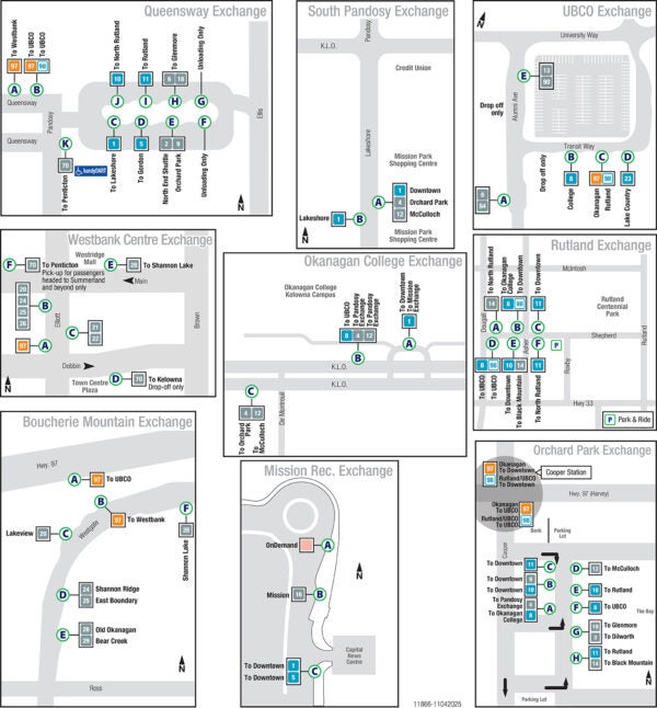 Diagrams of Kelowna Regional Transit's bus exchanges.