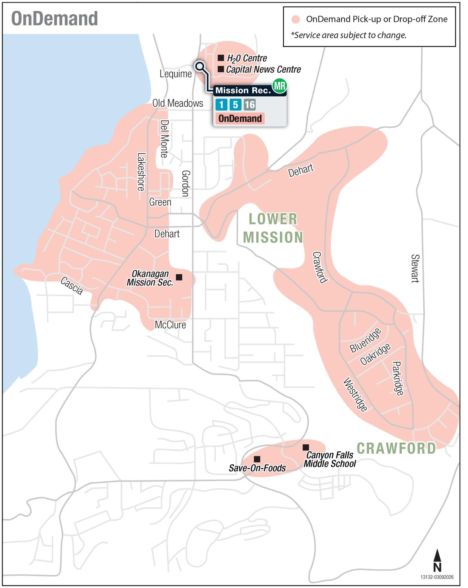 Kelowna OnDemand service area, in Lower Mission and Crawford.