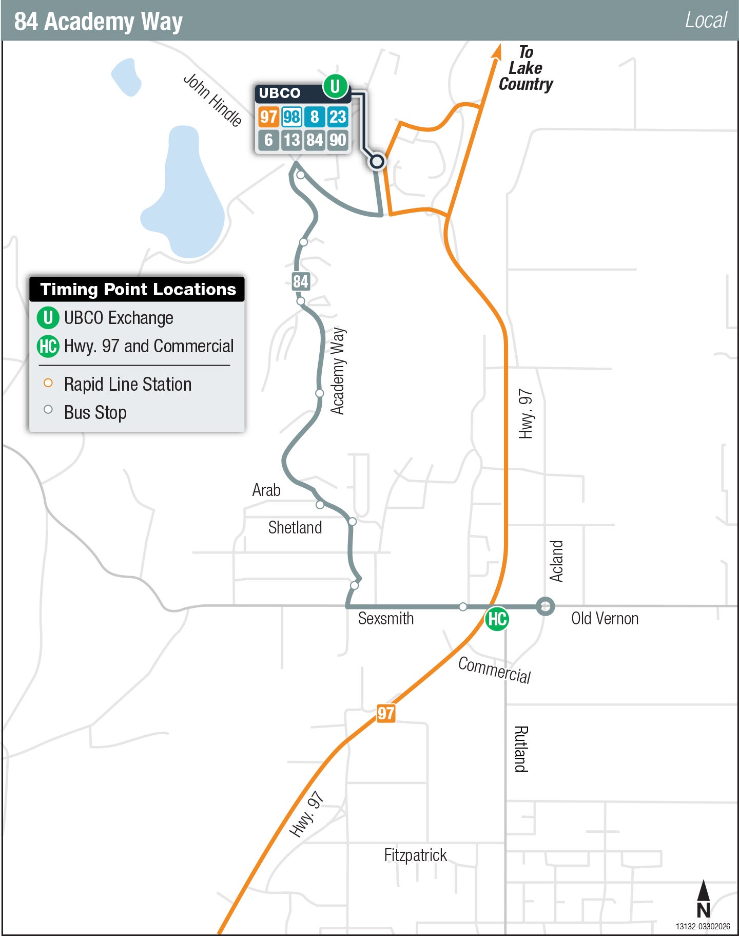 Kelowna Regional Transit route 84 Academy Way with service to UCBO. Stops and schedules below.