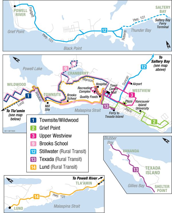 Regional transit map for Powell River.