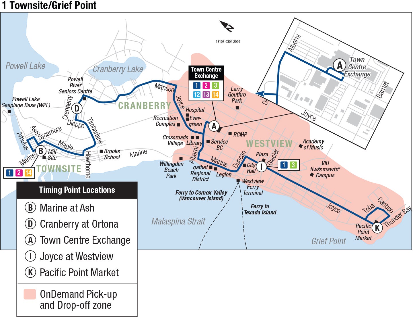 Powell River Regional Transit route 1 between Townsite and Grief Point, serving Cranberry, Town Centre Exchange, and Westview. Stops and schedules below.