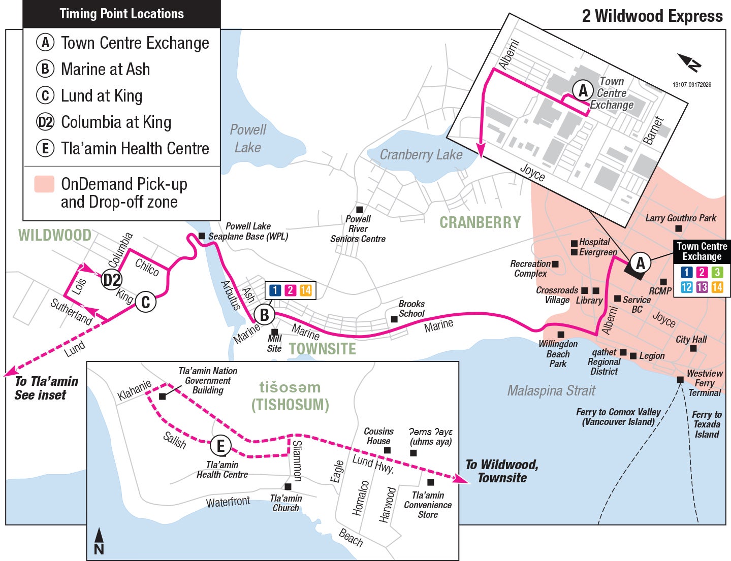 Powell River Regional Transit route 2 Wildwood Express between Town Centre Exchange and Wildwood, serving Townsite and limited service to t̓išosəm (Tishosum). Stops and schedules below.