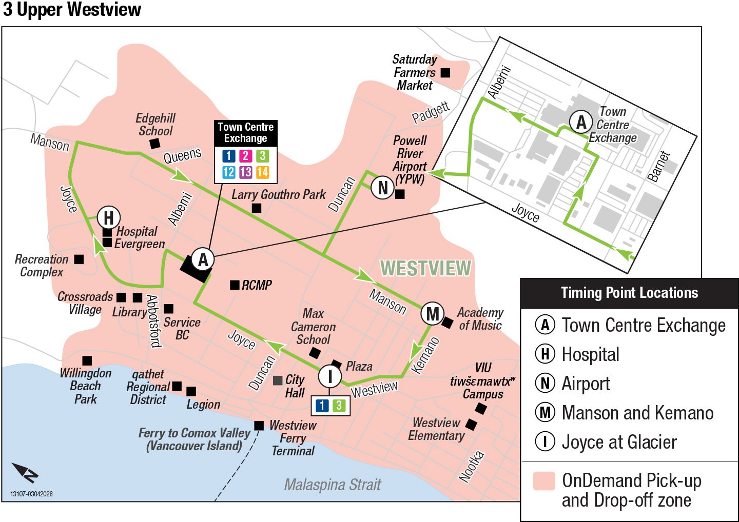 Powell River Regional Transit route 2 Upper Westview, serving Westview, Town Centre Exchange, and the Powell River Airport. Stops and schedules below.