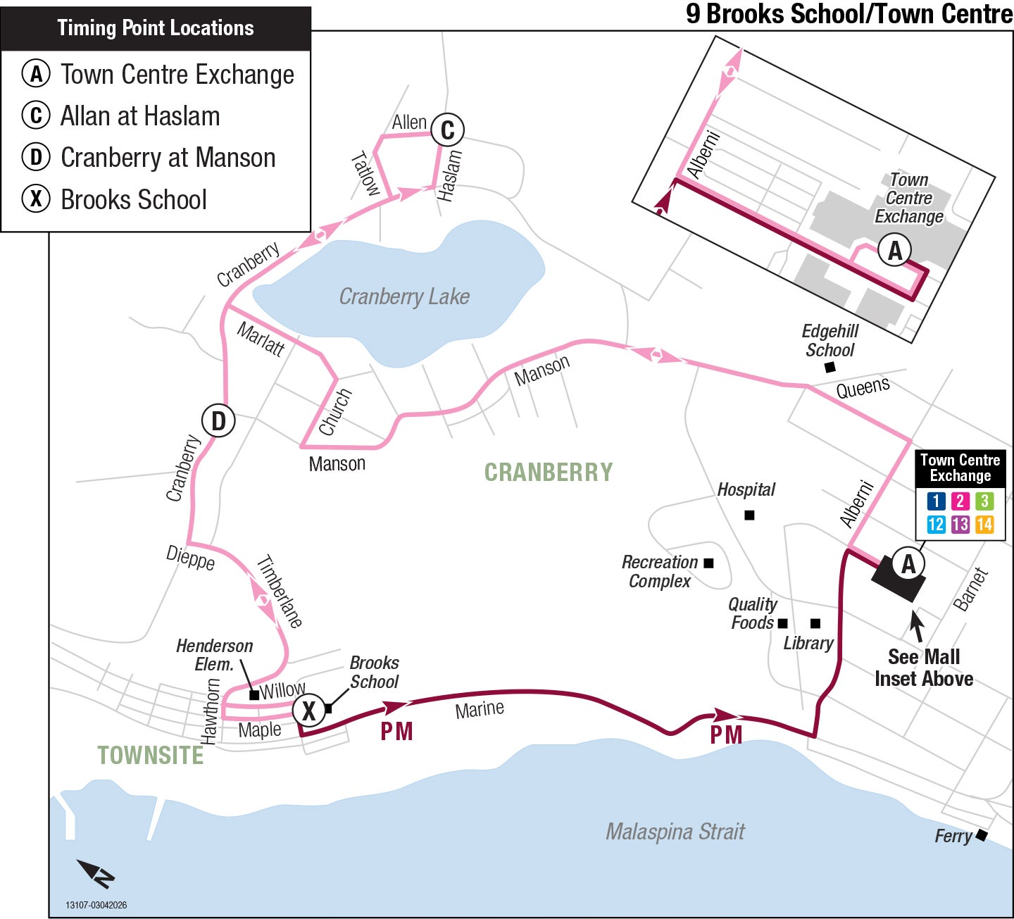Powell River Regional Transit route 9 between Town Centre Exchange and Brooks School, with service to Cranberry. Stops and schedules below.