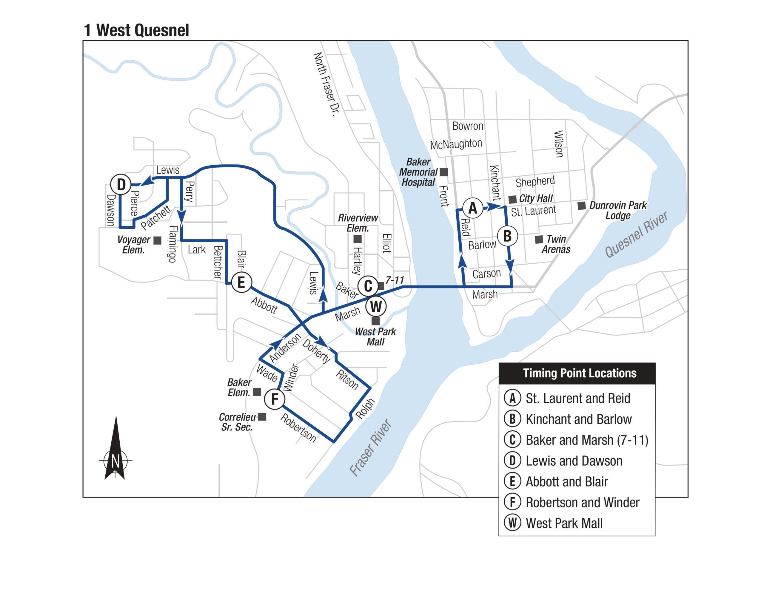 Map of Quesnel Transit route 1 serving West Quesnel.