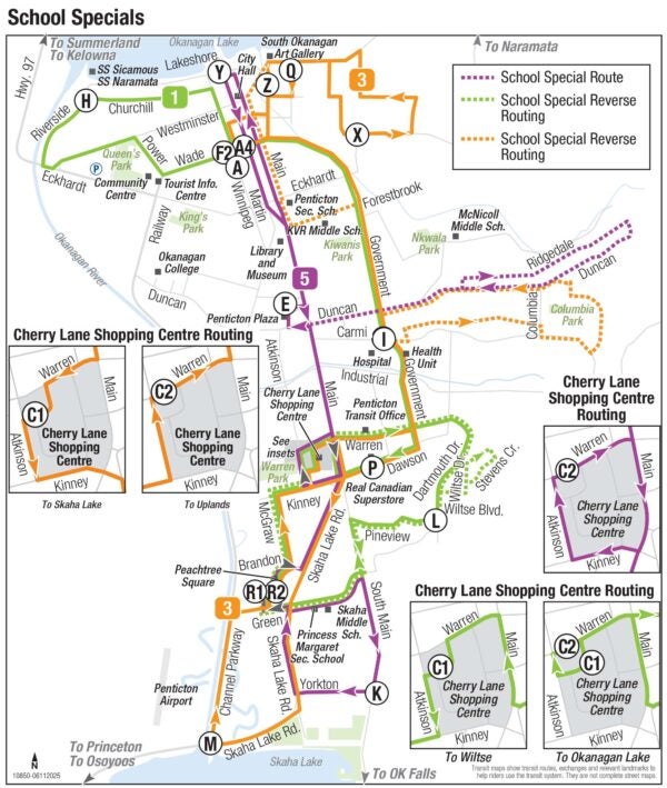 Transit map showing special school service in Penticton.
