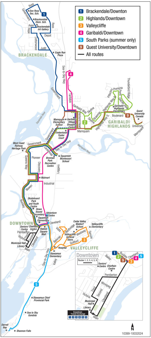 Transit map showing all services of Squamish Transit.