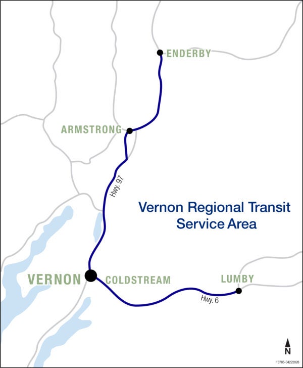 Vernon Regional Transit service area map, including Armstrong, Enderby, and Lumby.
