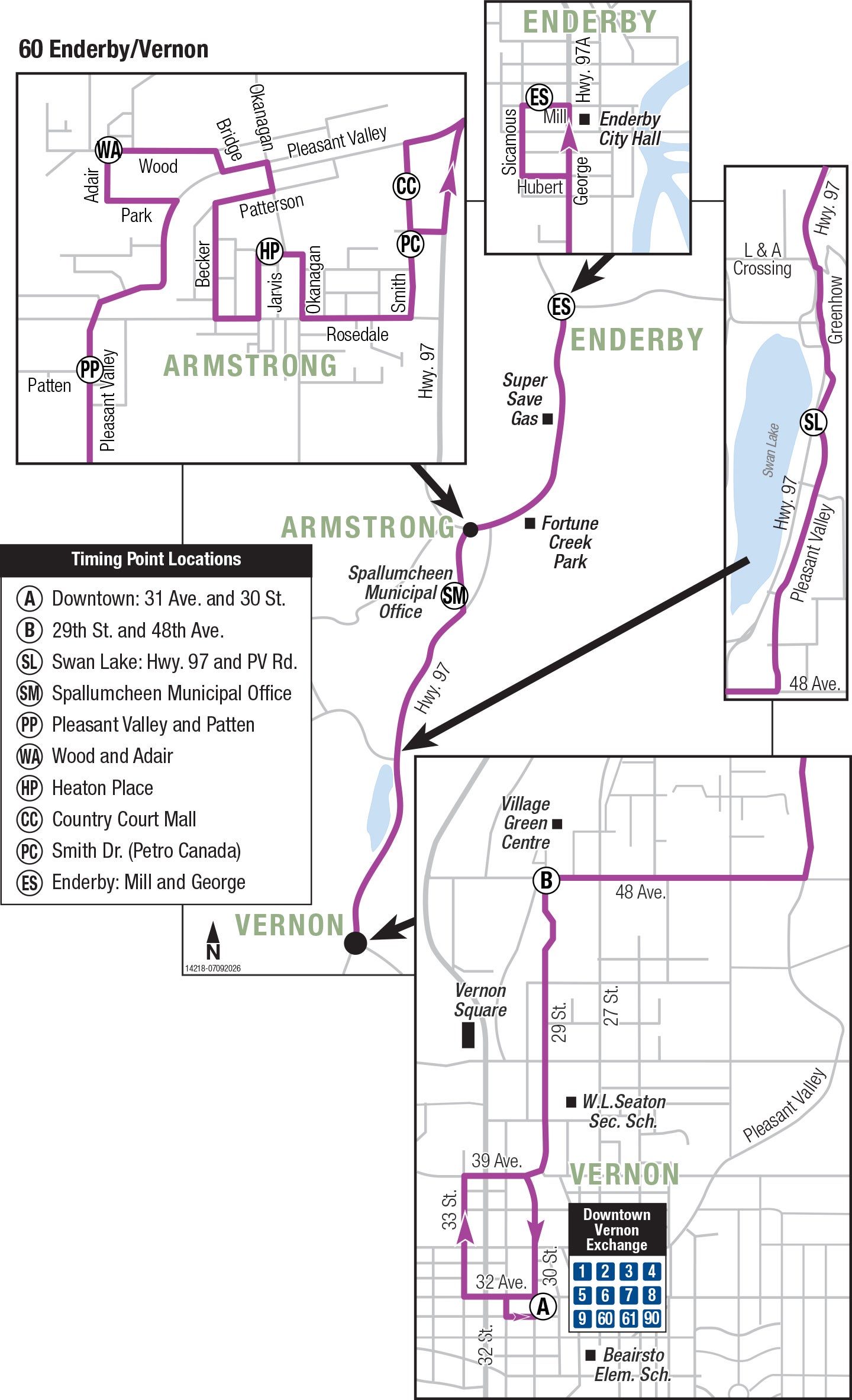 Vernon Regional Transit route 60 between Enderby and Vernon, with service to Armstrong. Stops and schedules below.