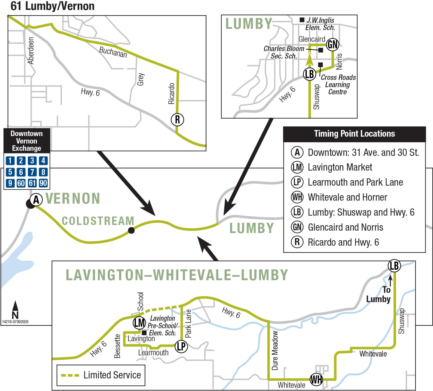 Vernon Regional Transit route 61 between Lumby and Vernon, with service to Lavington and Whitevale. Stops and schedules below.