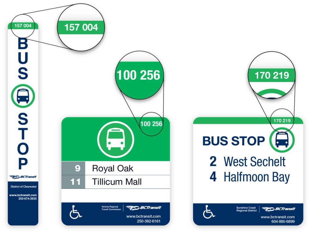 Three different bus stop sign designs, with a magnified graphic showing where to find Bus Stop IDs.
