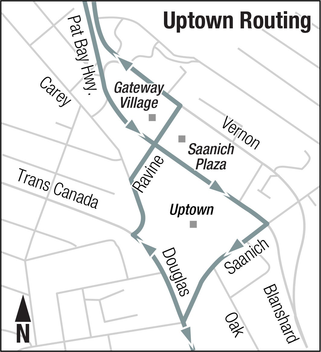 Transit map of Victoria Route 72 around Uptown, showing northbound travel via Douglas, Carey, Ravine, Vernon. Southbound via Blanshard, Saanich.