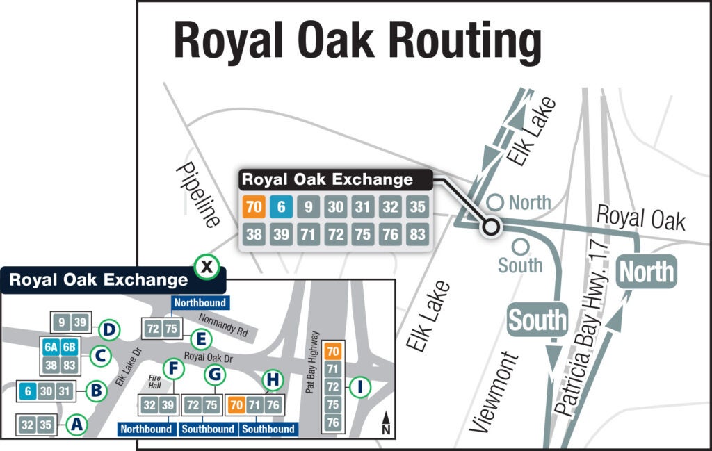Transit map of Victoria Route 75 at Royal Oak Exchange, showing routing via Pat Bay Highway, Royal Oak, Elk Lake
