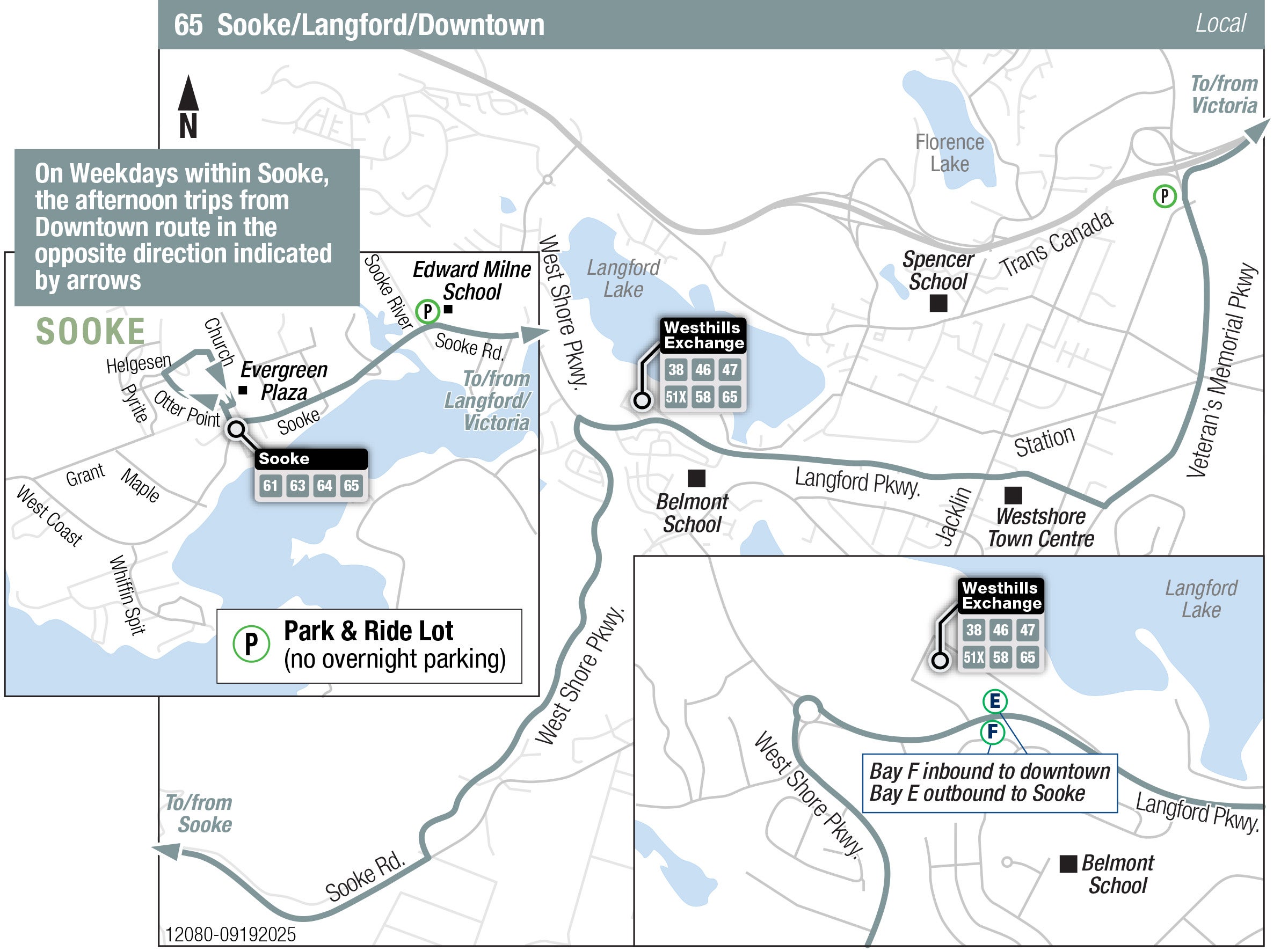 Victoria Regional Transit route 65 between Sooke and Downtown Victoria, with service to Westhills and Langford. Stops and schedules below.