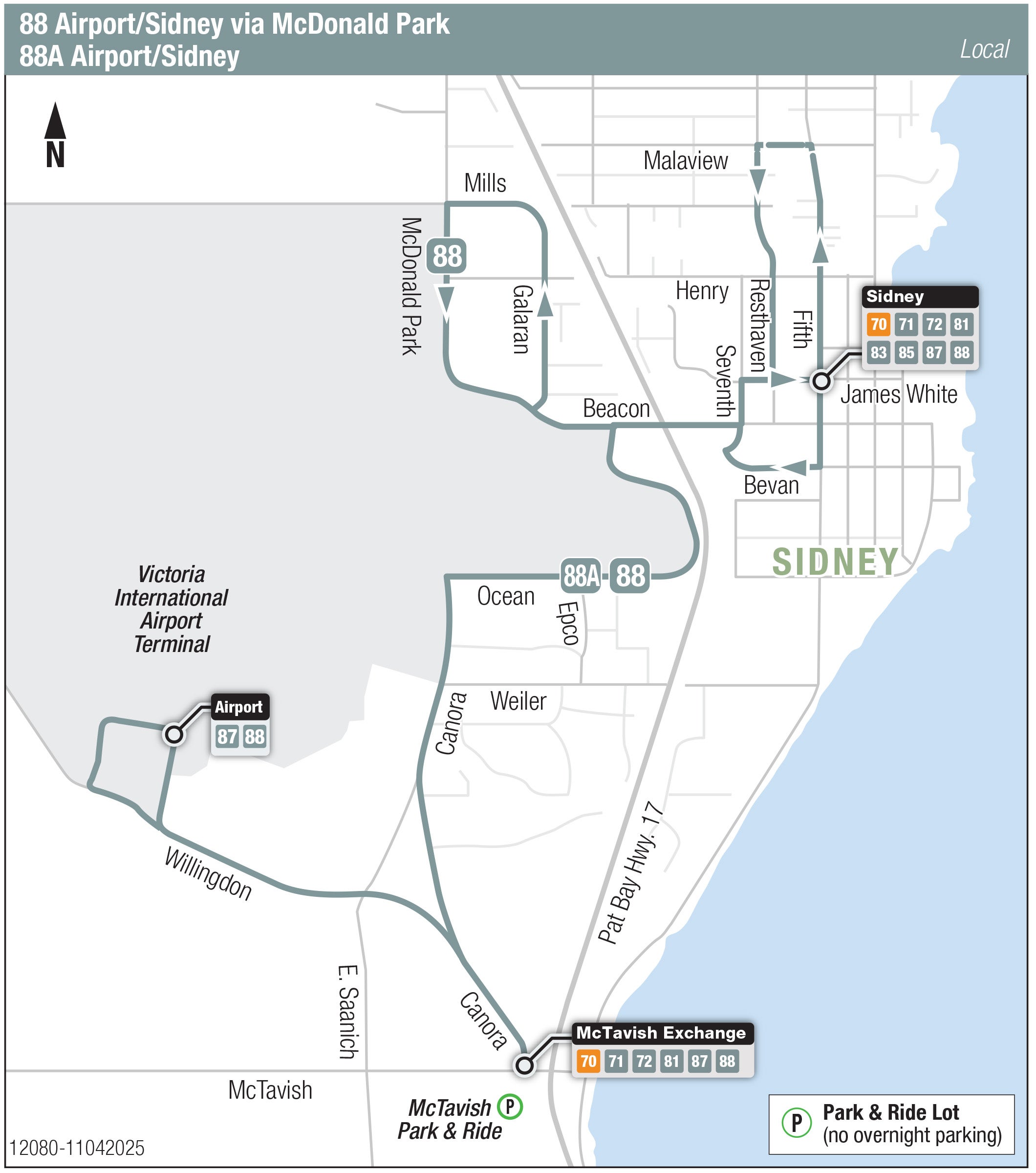 Victoria Regional Transit route 88 and 88A between the Victoria International Airport and Sidney. Stops and schedules below.