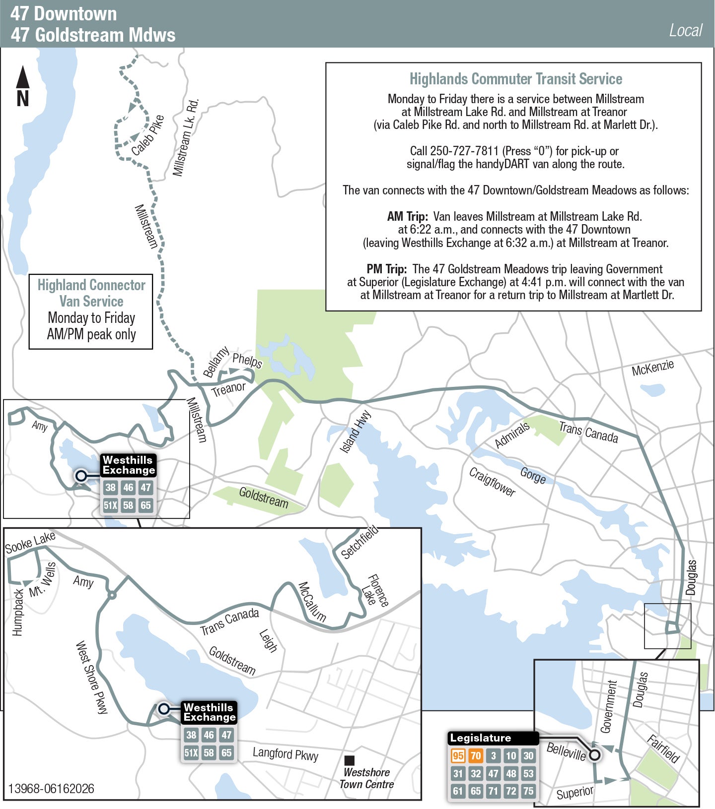 Victoria Regional Transit route 47 between the Goldstream Meadows and Downtown, with service to the Highlands. Stops and schedules below.