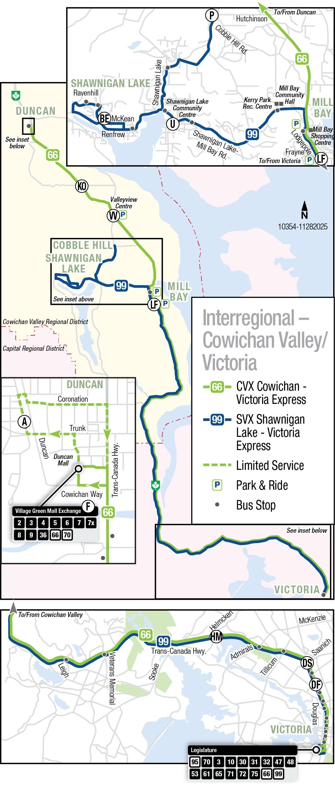 66 CVX Cowichan – Victoria Express and 99 SVX Shawnigan Lake – Victoria Express map