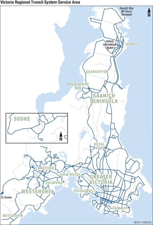 Regional diagram of Victoria's transit service area.