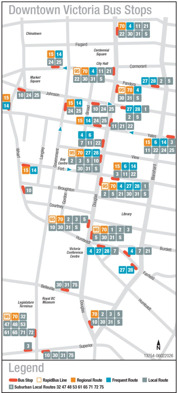 Downtown map of Victoria transit services.