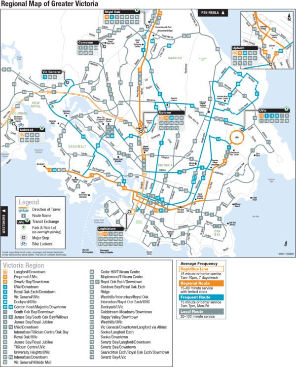 Regional map of Greater Victoria transit services.