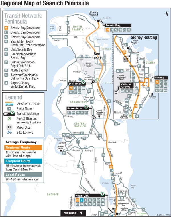 Regional map of Victoria transit services in the Saanich Peninsula.