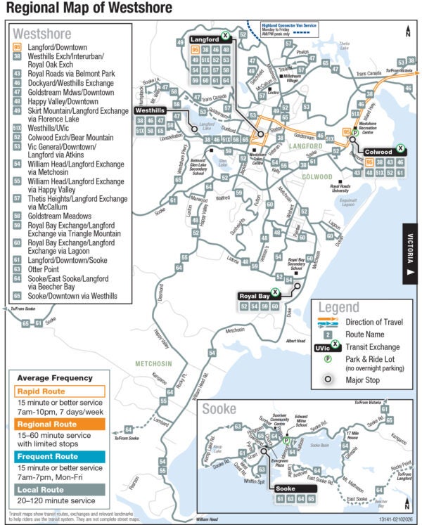 Regional map of Victoria transit services in the Westshore.