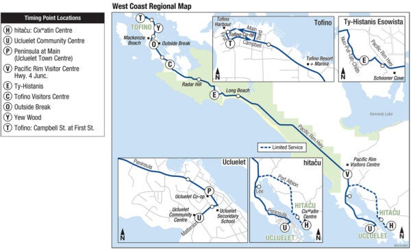 Map of West Coast Regional transit, showing service between Tofino and Ucluelet. There are inset maps showing more detail for Tofino, T-Histanis Esowista, hitac̓u, and Ucluelet. A table of timing points is also included.