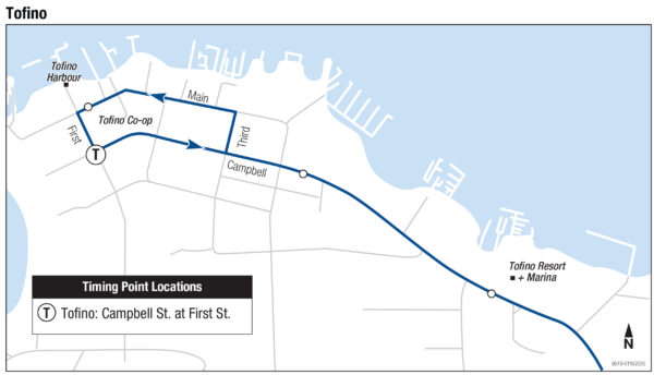 Map showing transit service within Tofino.