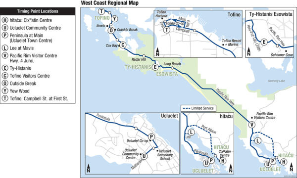 Map of West Coast Regional transit, showing service between Tofino and Ucluelet. There are inset maps showing more detail for Tofino, Ty-Histanis Esowista, hitac̓u, and Ucluelet. A table of timing points is also included.