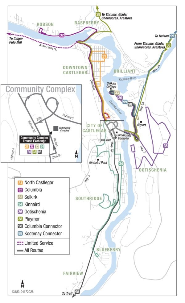 West Kootenay Regional Transit map of Castlegar services.