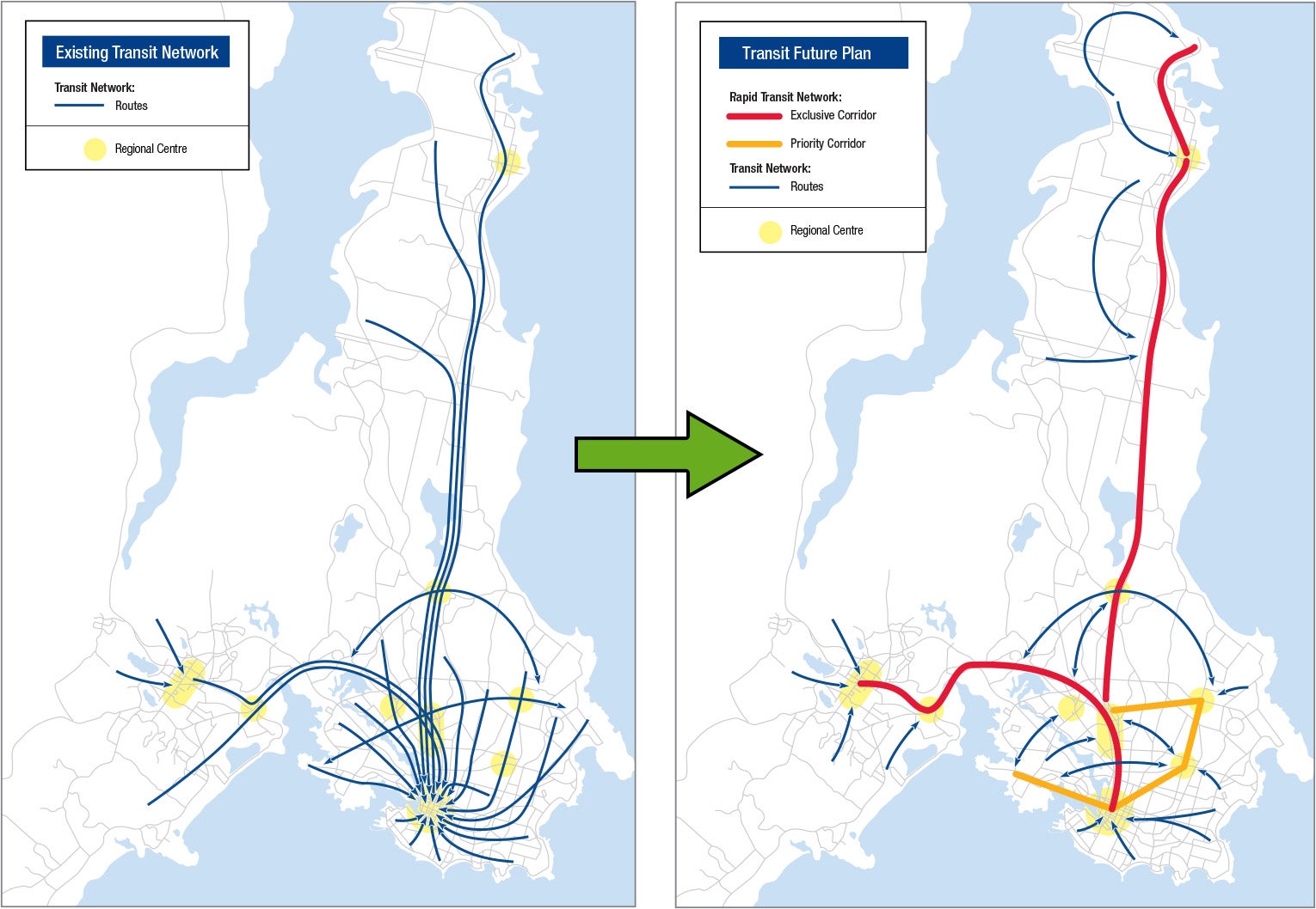 Map comparing the existing transit network in Victoria to the Transit Future Plan.
