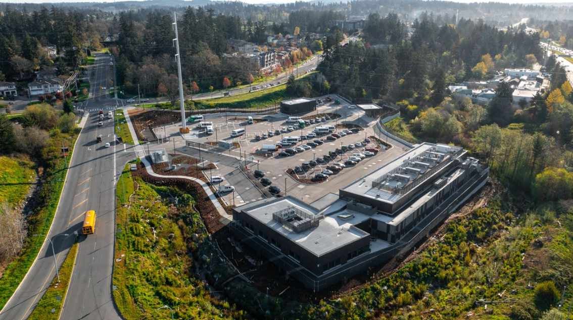 Aerial view of the Victoria handyDART Centre at sunrise.