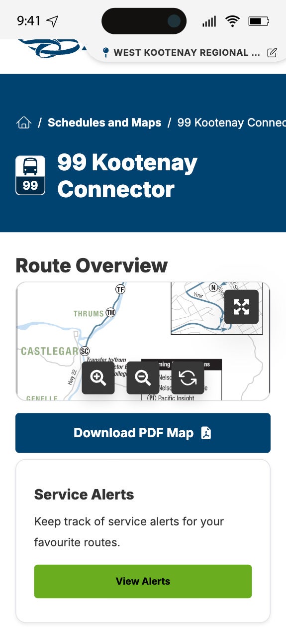 Mobile version of the map and timetable for the 99 Kootenay Connector.