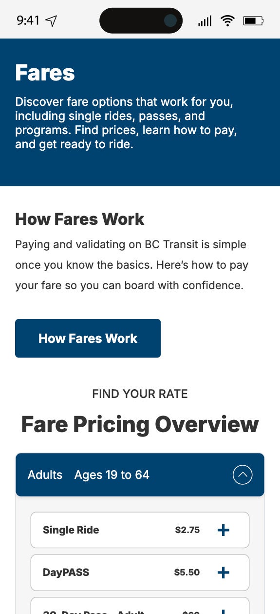 Mobile fares page for the Comox Valley Regional Transit System.