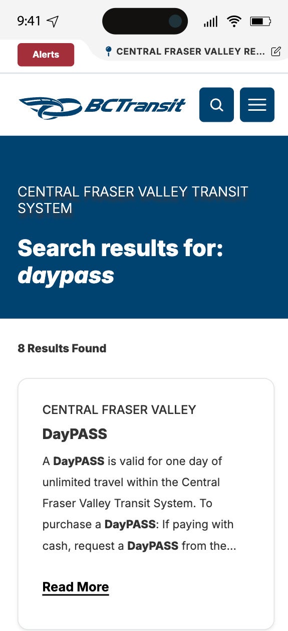 Mobile version of a search results page for "daypass".