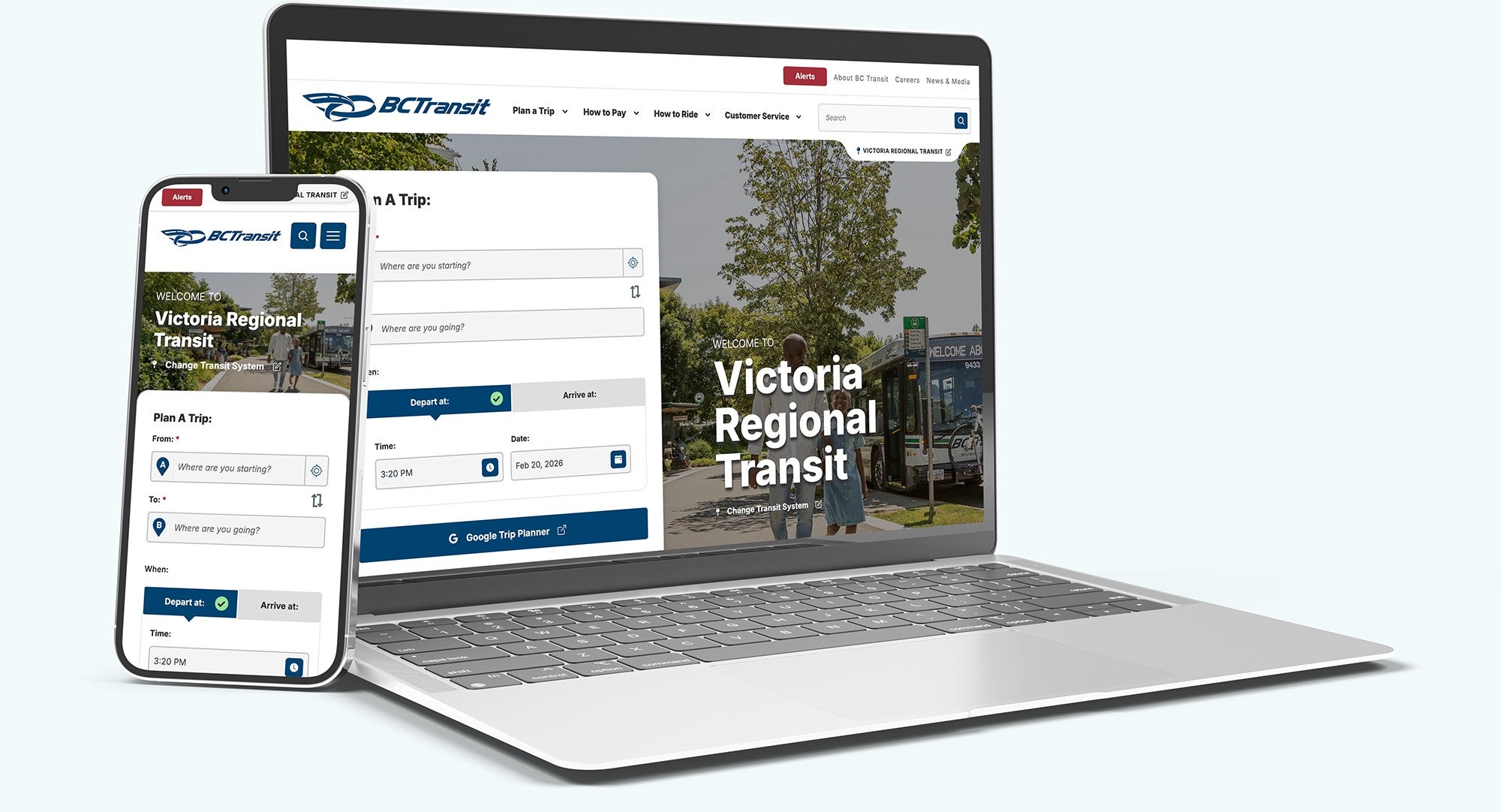 The new bctransit.com website, rendered on a laptop computer and a mobile phone.