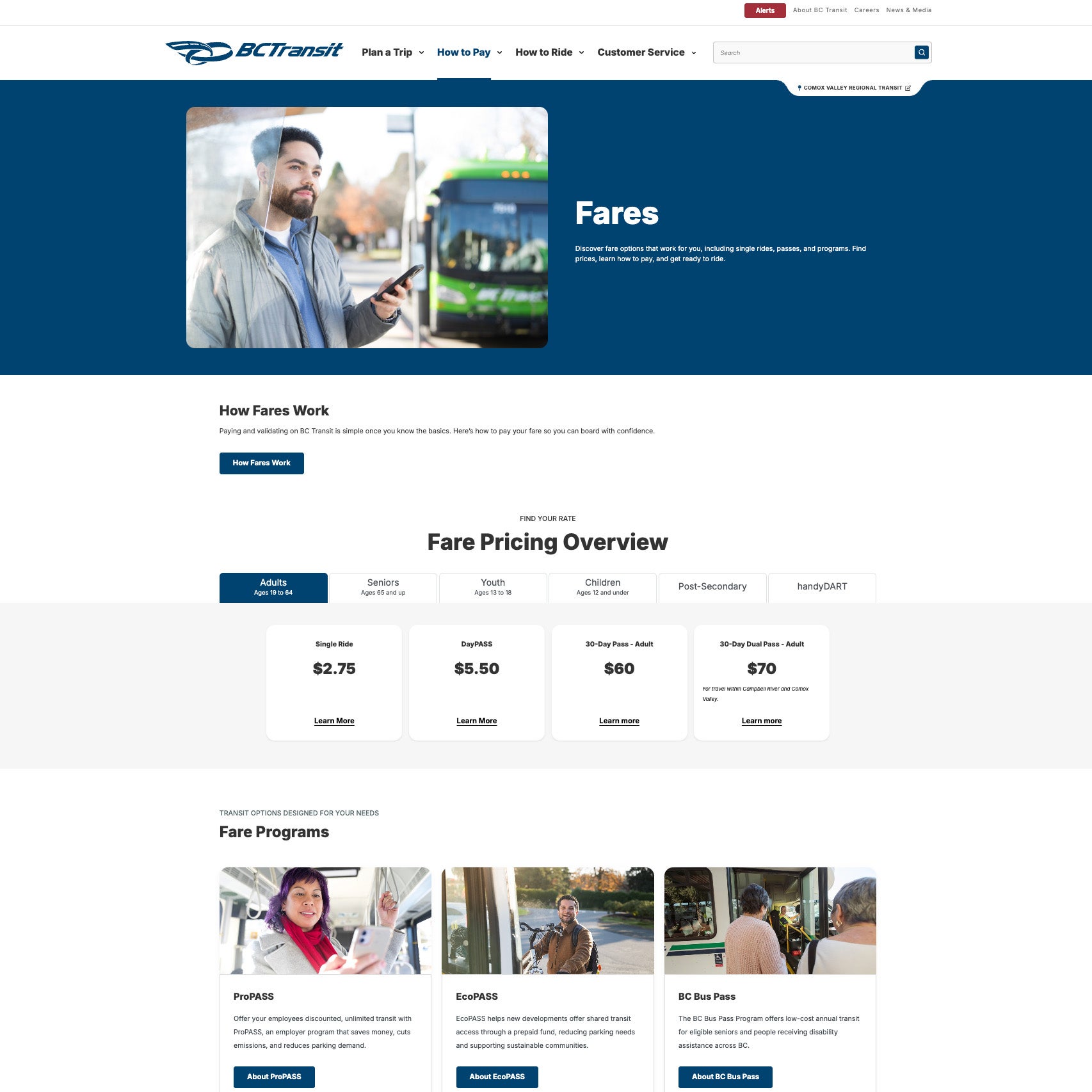 Desktop fares page for the Comox Valley Regional Transit System.