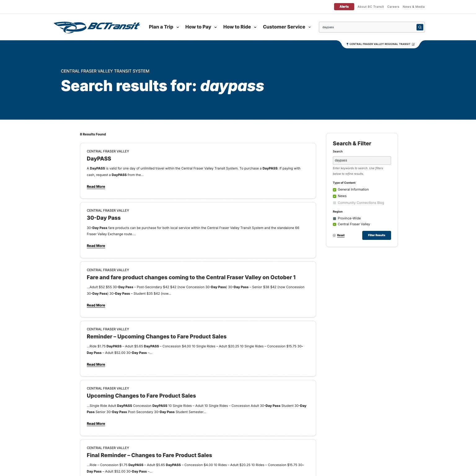 New search page, showing results for "daypass".