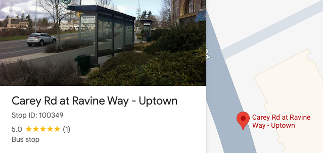 Google Maps screenshot, showing a bus stop at Carey Road at Ravine Way - Uptown. The Bus Stop ID is just below the street address.